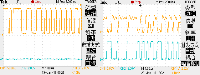 (左)光纤刚接收回来的rxd信号；(右)处理器引脚处接收的同路信号(黄色波形).png